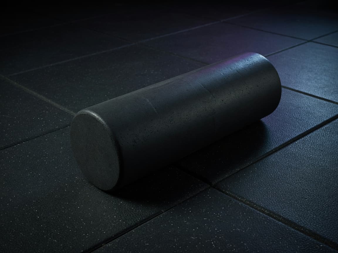 Black foam roller on gym flooring