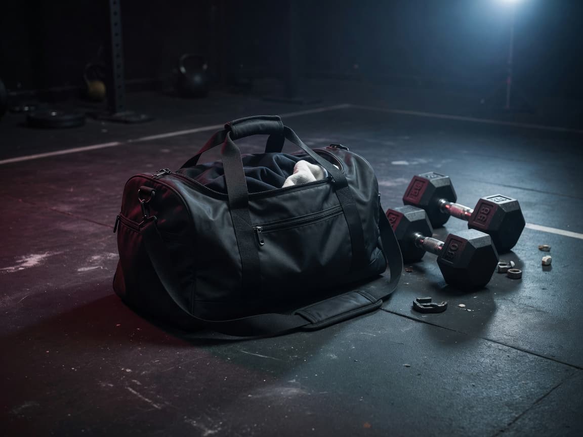 Black gym duffel bag on a gym floor