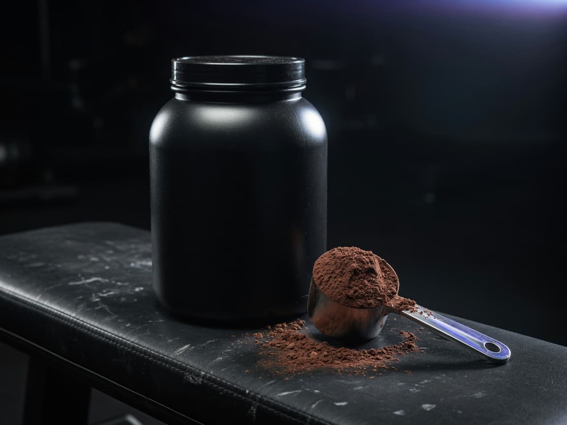 Protein powder tub and scoop on a gym bench